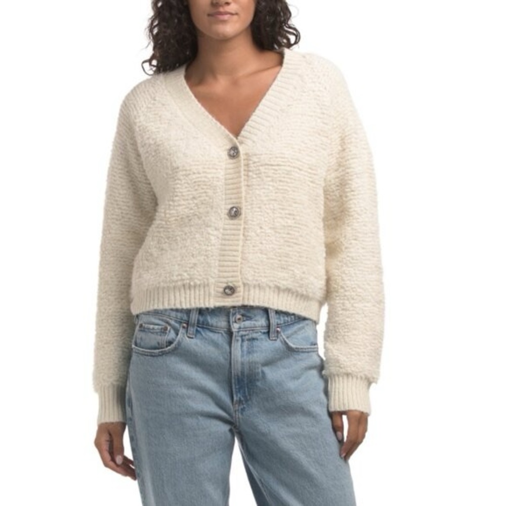 LUCKY BRAND BOUCLE KNIT V NECK RAGLAN BUTTON FRONT CARDIGAN SWEATER Tofu L